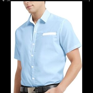 Murano Blue Casual Button Down Shirt Classic Collar‎ Short Sleeves